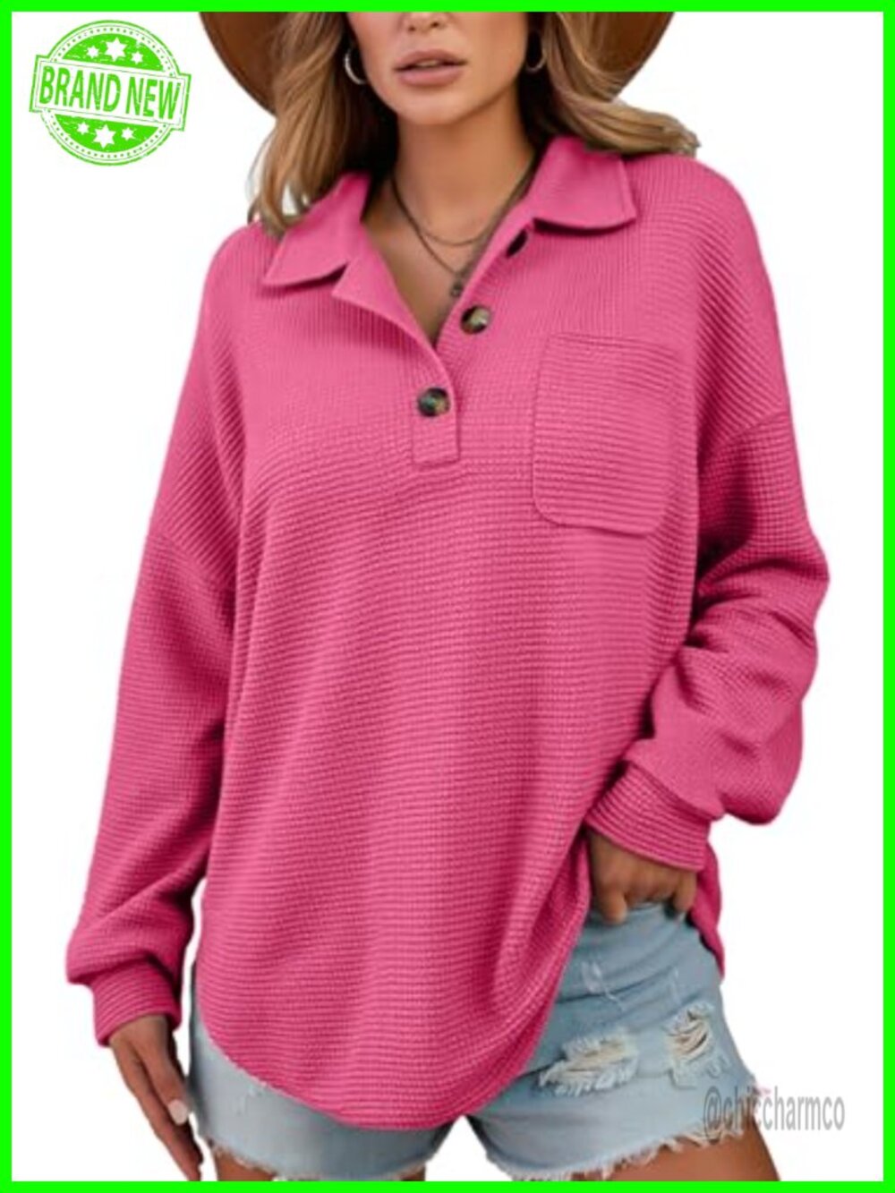 Waffle Knit Tunic Top Button Down V Neck Long Sleeve Henley Shirt